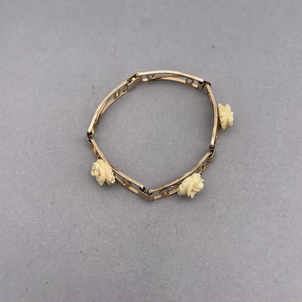 Vintage Amco 14k Gold Filled Celluloid Rose Five Panel Bracelet - Picture 2 of 8